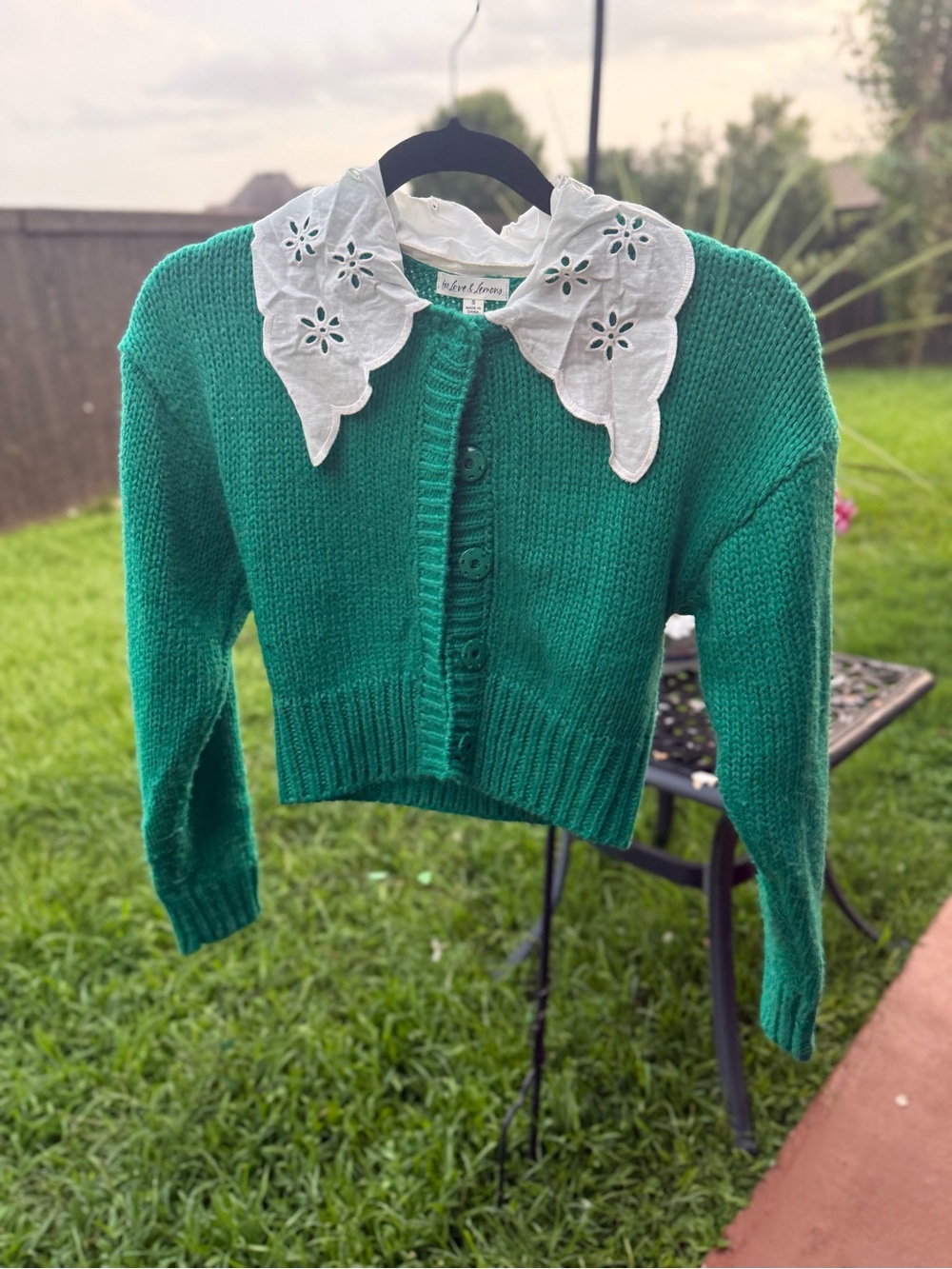 For Love & Lemons Green Cropped Cardigan Eyelet Collar Sweater Size Small
